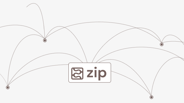 Graphic of interconnected nodes with a central zip file icon representing compressed file sharing or network connections.